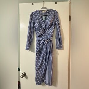 LOFT Blue and White Striped Long Sleeve Wrap Dress with Tie